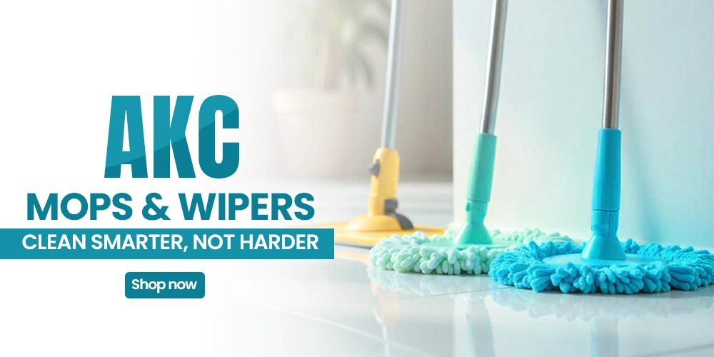 showing AKC mops and wipers in multiple colors, designed for effective floor cleaning with the tagline 'Clean Smarter, Not Harder' for household use.